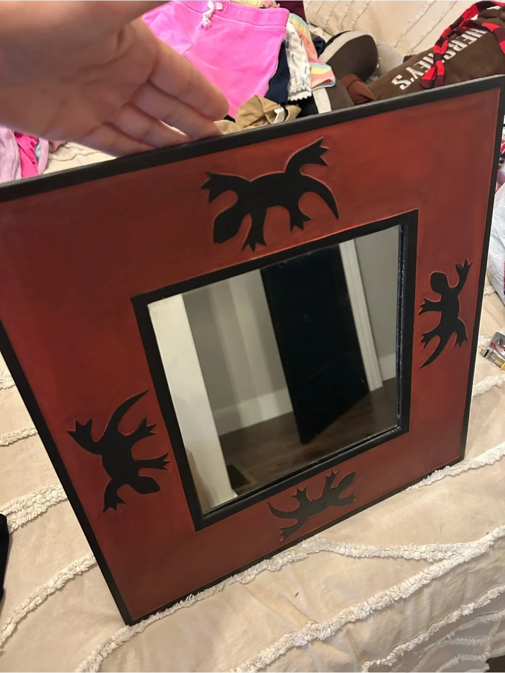 Source Unknown Rust Red Square Wall Mirror with Black Motifs